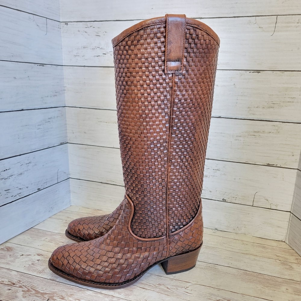 Rare EUC Frye woven tall riding boots with chunky heel 77892